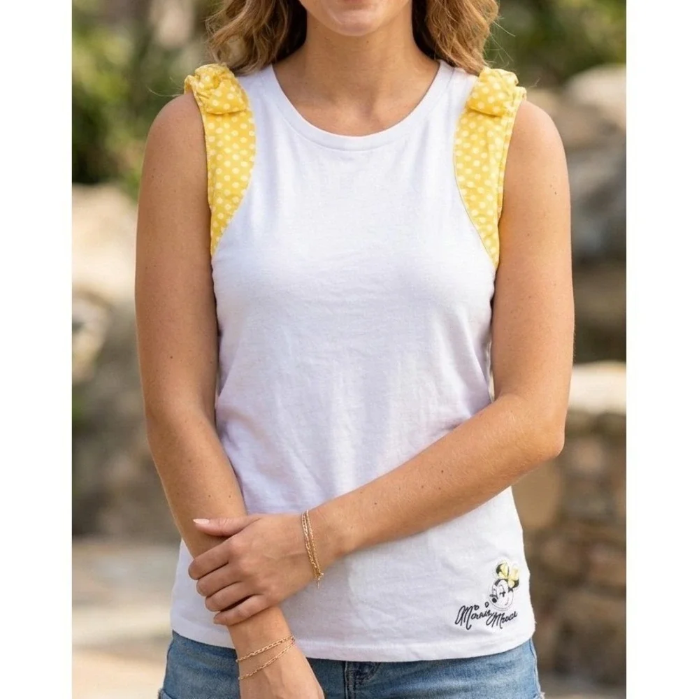 Disney Parks White & Yellow Bow Trim Minnie Mouse Tank‎ Top Women's Size Small